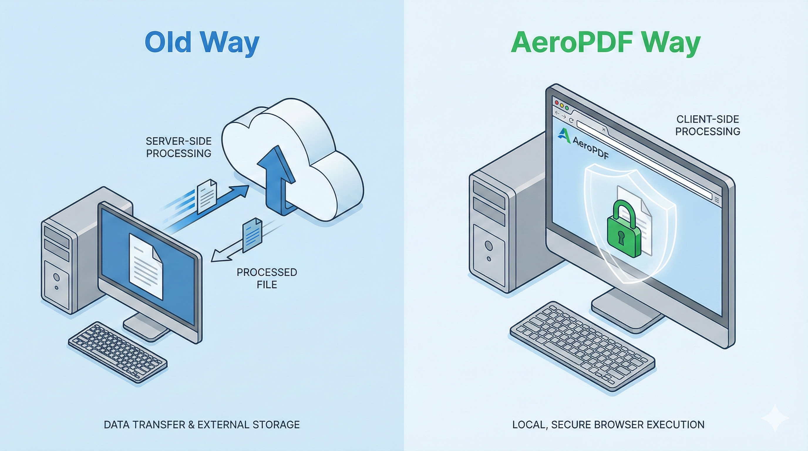 Diagram showing difference between client-side and server-side PDF processing